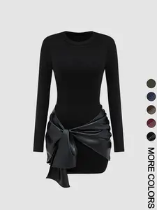 Women's Patchwork Knot Side Skirt Casual Fashion Long Sleeve Dress Daily Wear Four Seasons Body-Fitting Cut All-Season Wear Moderate Thickness Black Style Adjustable Crewneck Womenswear