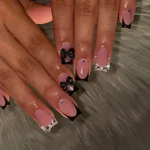 24pcs Short Square Nails, Sparkle Rhinestone Decor, Bow Decoration, Press-On Nail Art Stickers, Removable, Y2K Style DIY Acrylic Nails, Stylish Acrylic Nails