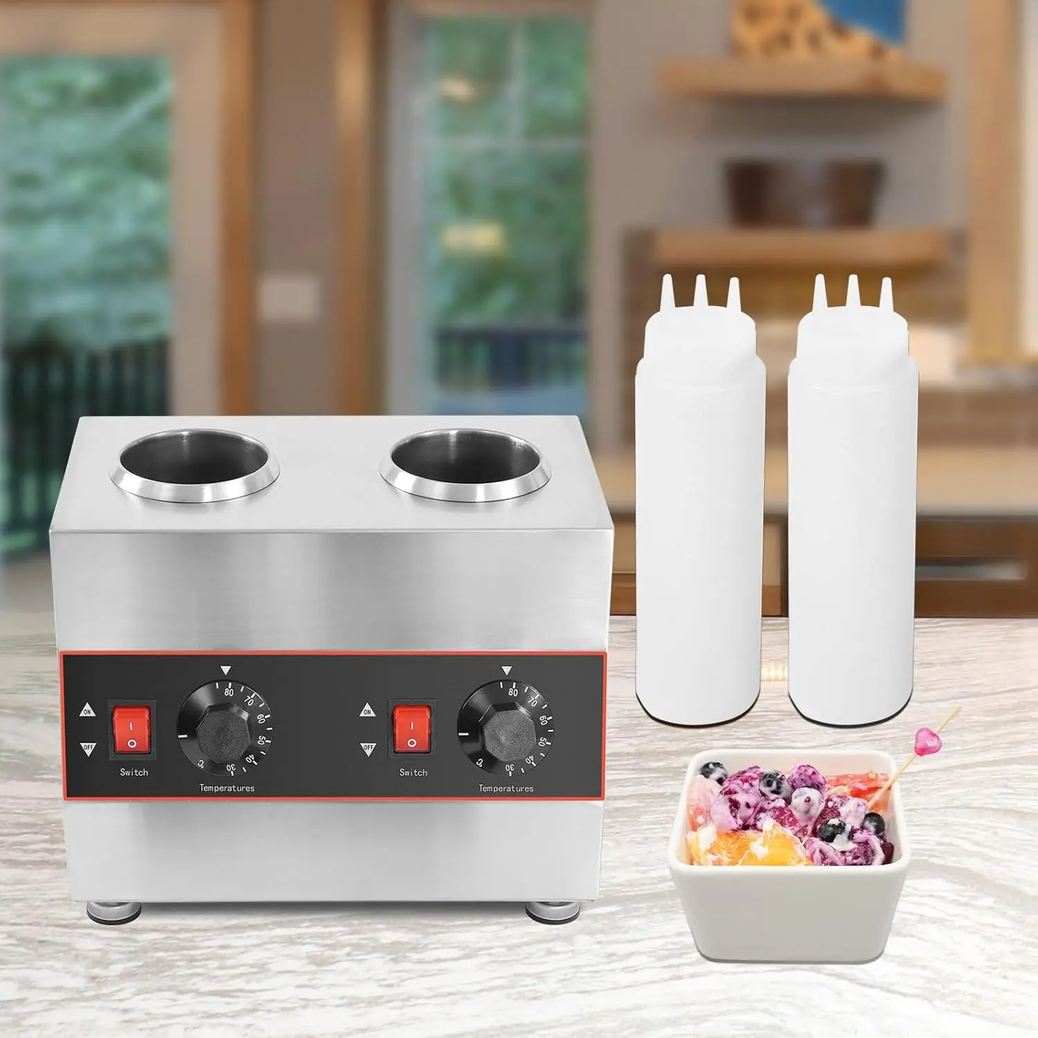 Electric Chocolate Sauce Warmer Toppings Bottle Hot Cheese Dispenser with Squeeze Adjustable Temperature High Working Efficiency Small Floor Area for Heating Fudge Caramel Pepper Curry Butter Kitchen Utensils Slivery