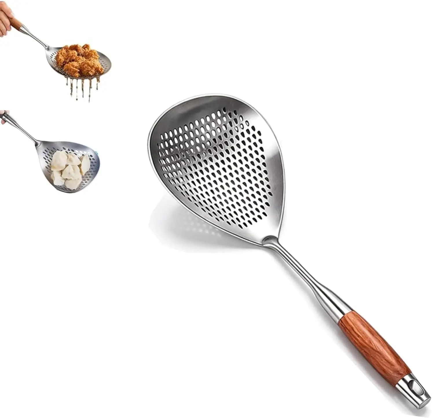 Wooden Handle Stainless Steel Skimmer, Skimmer Slotted Spoon, Ladle Spoon with Heat-Resistant Long Handle, Extra Thick Spider Strainer for Deep Frying, Boiling & Fast Oil Draining