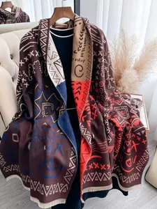 Elegant Boho Style Geometric  Pattern Raw Hem Design Textured Blanket Scarf, Casual Soft Warm Shawl for Fall & Winter, Fashion All-match Accessories for Women & Girls