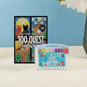 Pixel Coloring Book with 100 Things Plan, Includes 24 Color Acrylic Markers, Stress Relief Adult Coloring Book, Bold and Easy-To-Read Design