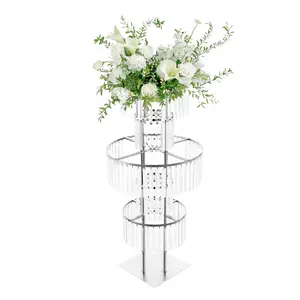 5-Tier Acrylic Crystal Pendant Flower Stand with Iron Frame & Electroplated Finish, Clear Design Sparkling Sound Display Rack, DIY Decorative Centerpiece for Wedding, Party, Event, Living Room, Bedroom Home Decor