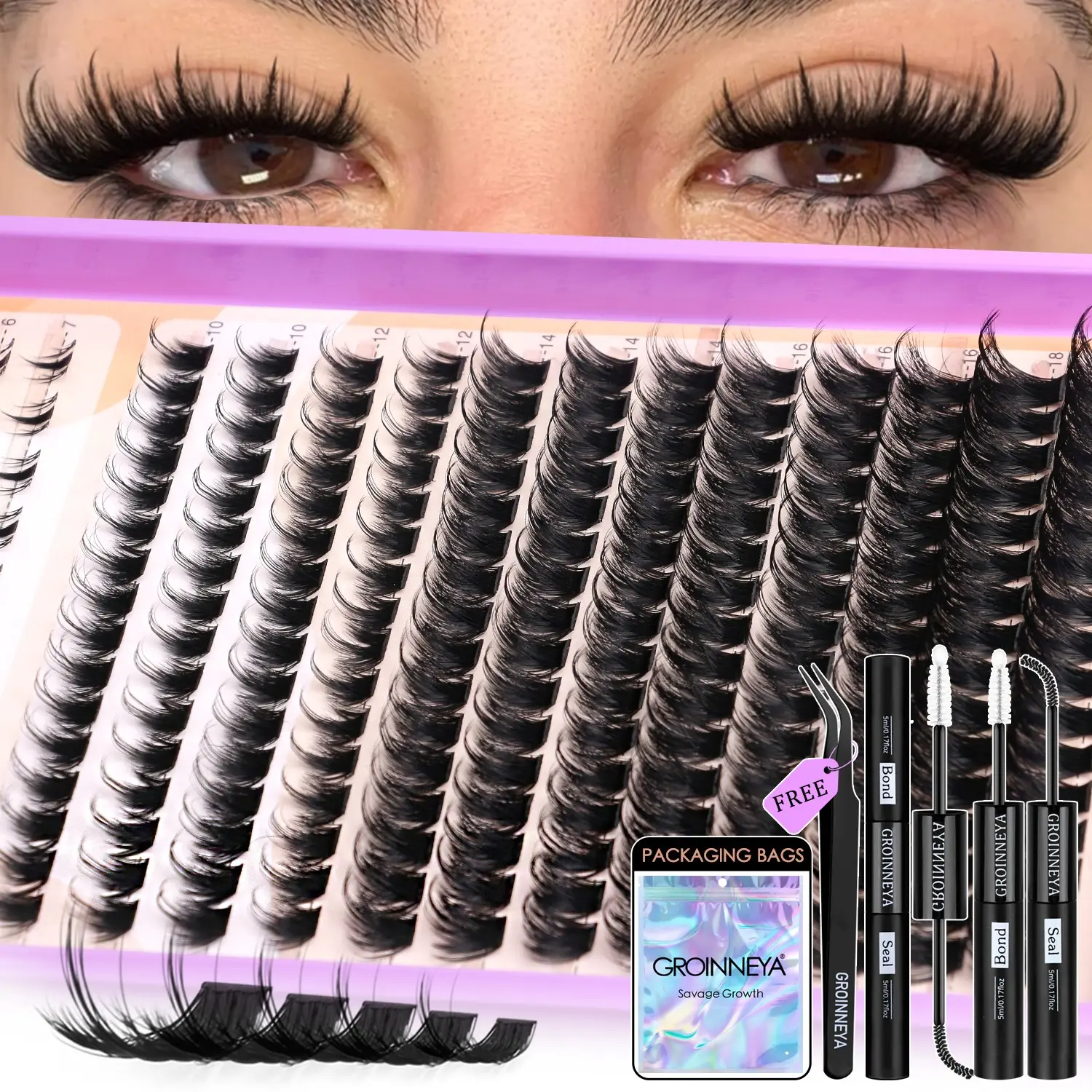GROINNEYA 16 Rows Mix Length Individual Lashes Lash Clusters, Fluffy Eyelashes Cluster, Volume Lashes, Voluminous 5D Faux Mink Lashes Manga Bottom Cluster Eyelashes Criss-Cross False Eyelashes Makeup,Suitable For Daily And Vacation Outfits,Lashes Lifts