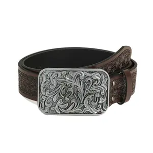 2025 New Personalized Men's Stereo Retro Tang Cao Flower Buckle Embossed Belt Pu Belt Trendy Matching Artistic Retro