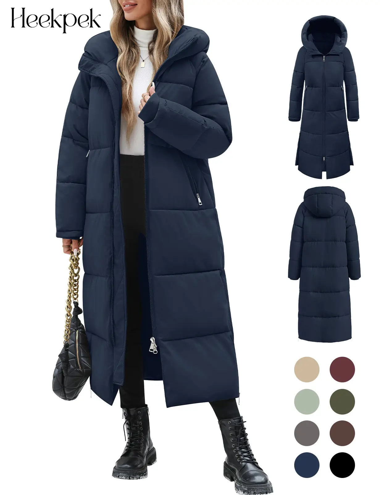 HEEKPEK Women's Hooded Full-Length Thick Padded Quilted Down Jacket - Jacket for Women with Quilted Panels, Trendy Look, Frost Protection, Hem Slit, Fitted Cut, Cold Weather Gear for Chicago