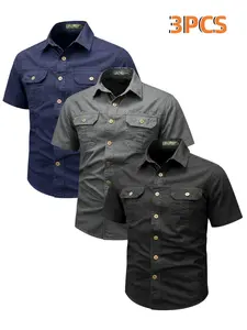 3pcs Men's Tactical Cargo Shirt, Vintage Military Style, Double Chest Pockets, Breathable Short Sleeve, Outdoor Hiking Daily Wear