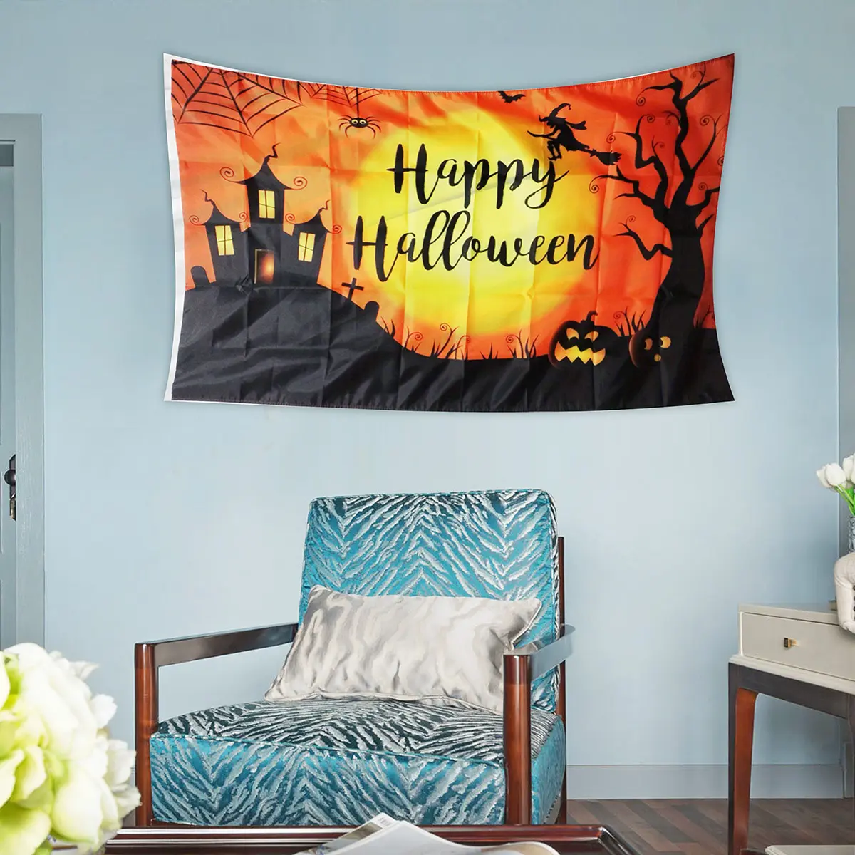 3x5ft Large Happy Halloween Flag, Durable Polyester with Fall Pumpkin Spooky Witch Eyes Black Cat Castle Trick or Treat, Outdoor Yard Porch Wall Decor for Halloween Party Supplies Gift, Print, Light, Banners