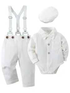 Baby Boy Suits  Wedding Baptism Church Outfit , 0-18 Months Infant Boy Gentleman Set, Dress Shirt+Vest+Suspender Pants+Bowtie boys Cotton cute clothes set