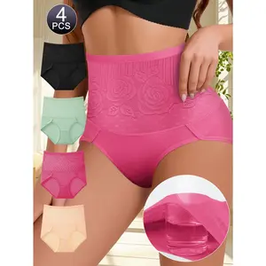 QUASTI 4 PCS High Waisted Printed Briefs For Women, Breathable Comfortable High Elasticity Hip Lifting Material Underwear, Skin Friendly Fashionable Elegant Abdomen Control Pantis, No Show Anti Roll Edge Pattern Design, S-XXL Clothes Green