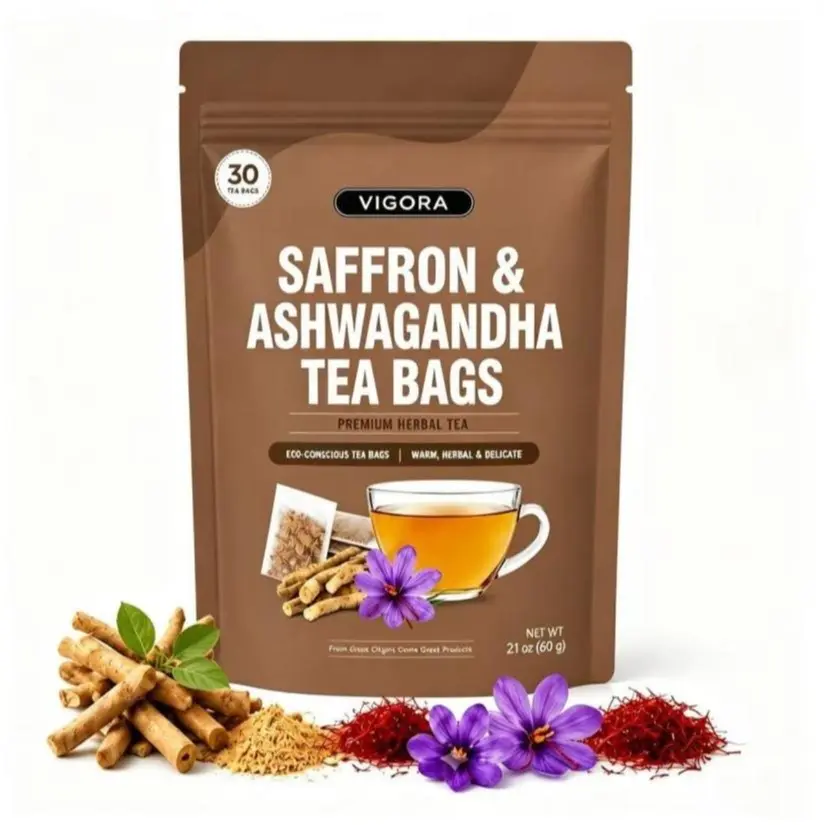 VIGORA  Ashwagandha Tea Bags with Saffron – Herbal Infusion Tea, Caffeine Free, Natural Ingredients, Relaxing Tea Experience, 30 Bags