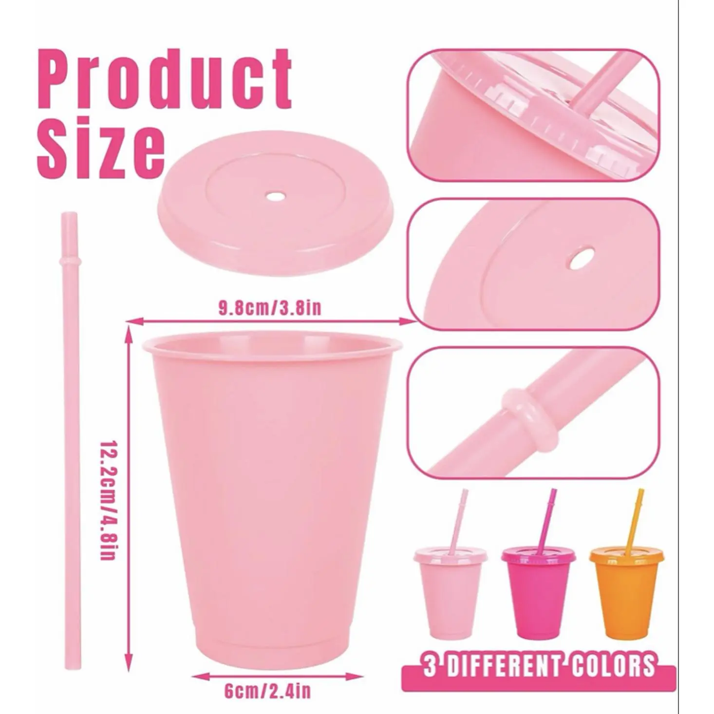 6 Personalized Cups with Lids and Straws for Christmas and Kids Parties in 3 Colors 9.8cm x 12.2cm x 6cm