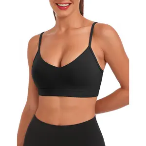 V Neck Sports Bra for Women, Padded Push up Women's Sport Bras Adjustable Thin Straps, Light Support Yoga Camisole Basic Top, Low Impact Spaghetti Strap Sport Racerback Bras Black XS-1