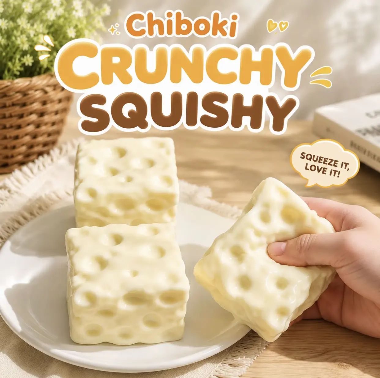 Chiboki Crunchy Squishy Cheese Toy, Realistic Food Sensory Fidget Toy, Stress Relief Squeeze Toy, Fun Desk Toy Gift for Kids, Teens & Adults