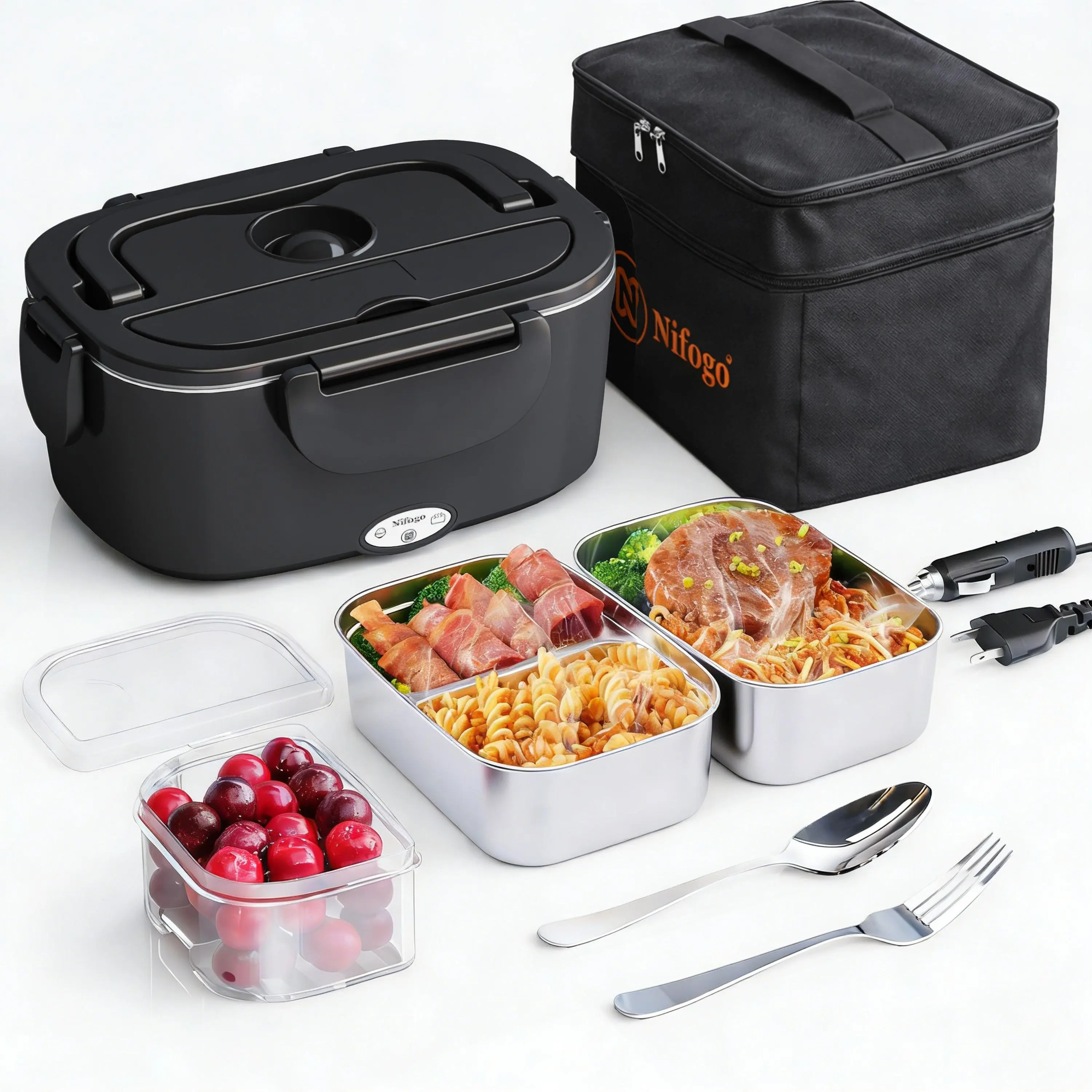 Nifogo Insulated Electric Lunch Box Food Heater for Adults, 1.5L Portable Plastic Heater with 12V/24V/110V Compatibility for Car/Truck Use, Removable Stainless Steel Container & Tableware Storage