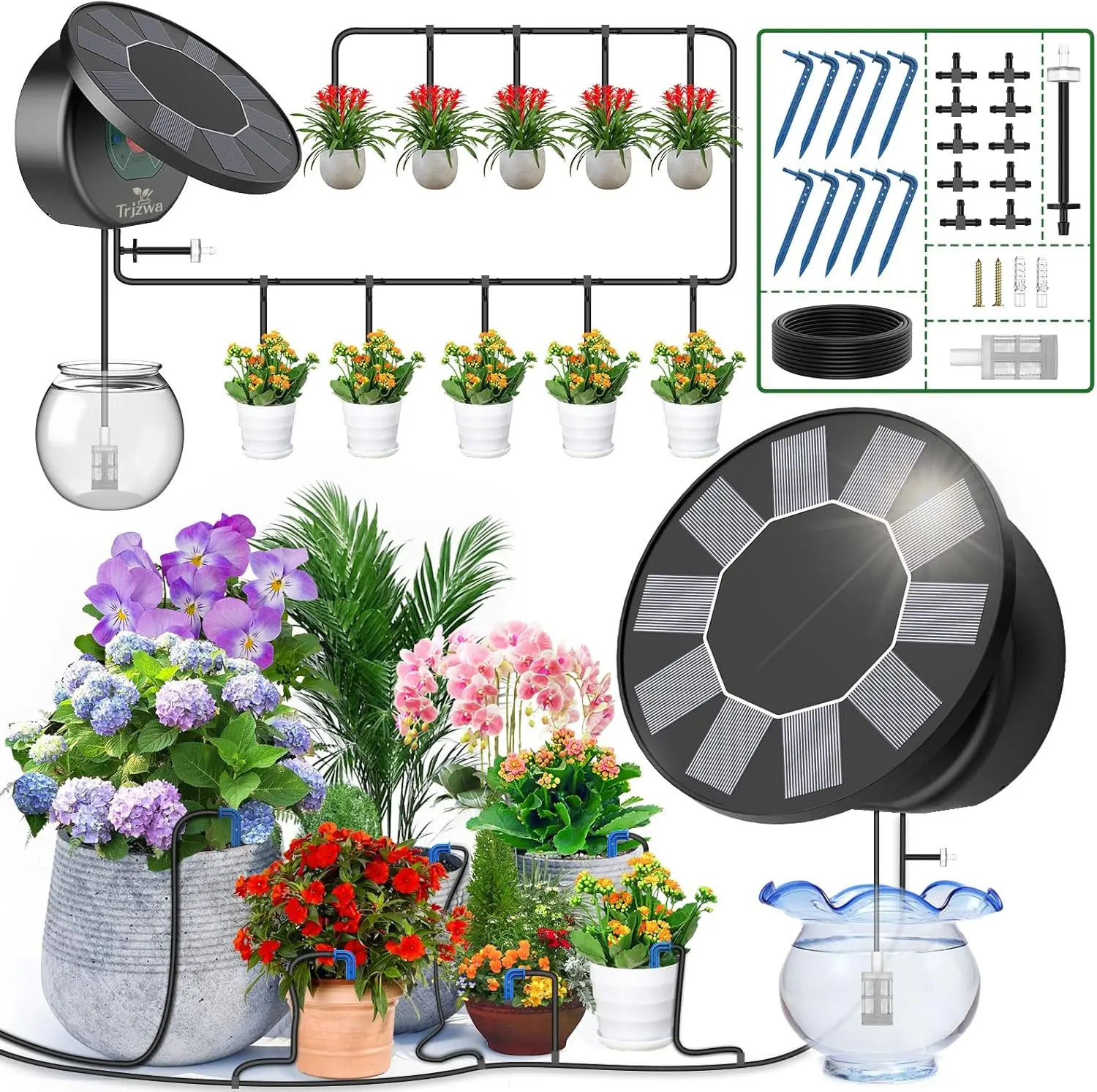 2026 New Drip Irrigation System - Solar Drip Irrigation Device, No Power Required，Circular Cap, Automatic Drip Irrigation Kit, Suitable for Indoor and Outdoor Balconies, Gardens, Plants, with an Irrigation Controller Equipped with 10-Meter Drip Pipes