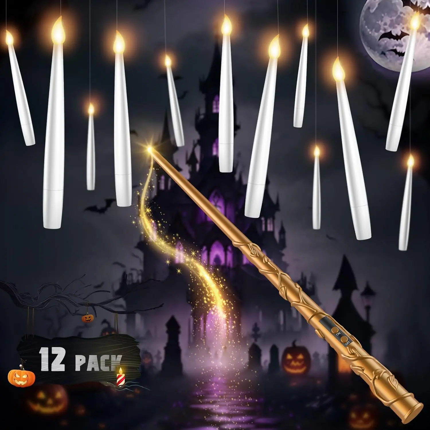 Floating Candles with Wand - 12 Pack Halloween Decorations Magic Flameless Candles Flickering Warm Light LED Hanging Candle Remote,  Operated Candles for Christmas Outdoor Indoor Party Decor