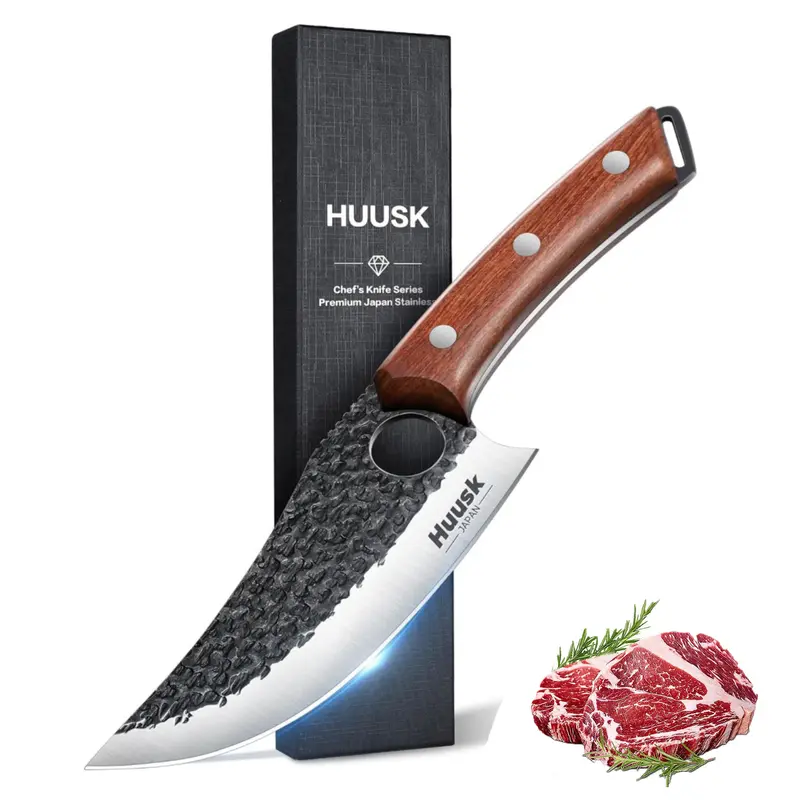 Huusk Forged Traditional Viking High Carbon Steel Japanese Chef Knife - Ergonomic Handmade Full Tang Wooden Handle, 5.9 inches Blade, Curved Tip for Clean Cuts, Durable Multi-Use Boning Cleaver, Ideal Holidays Gift for Anyone Who Loves Cooking