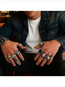 Men's Gothic Skull & Lion Ring Set  Vintage Silver Biker Rings Unisex Punk Statement Jewelry  MensRings  GothicStyle