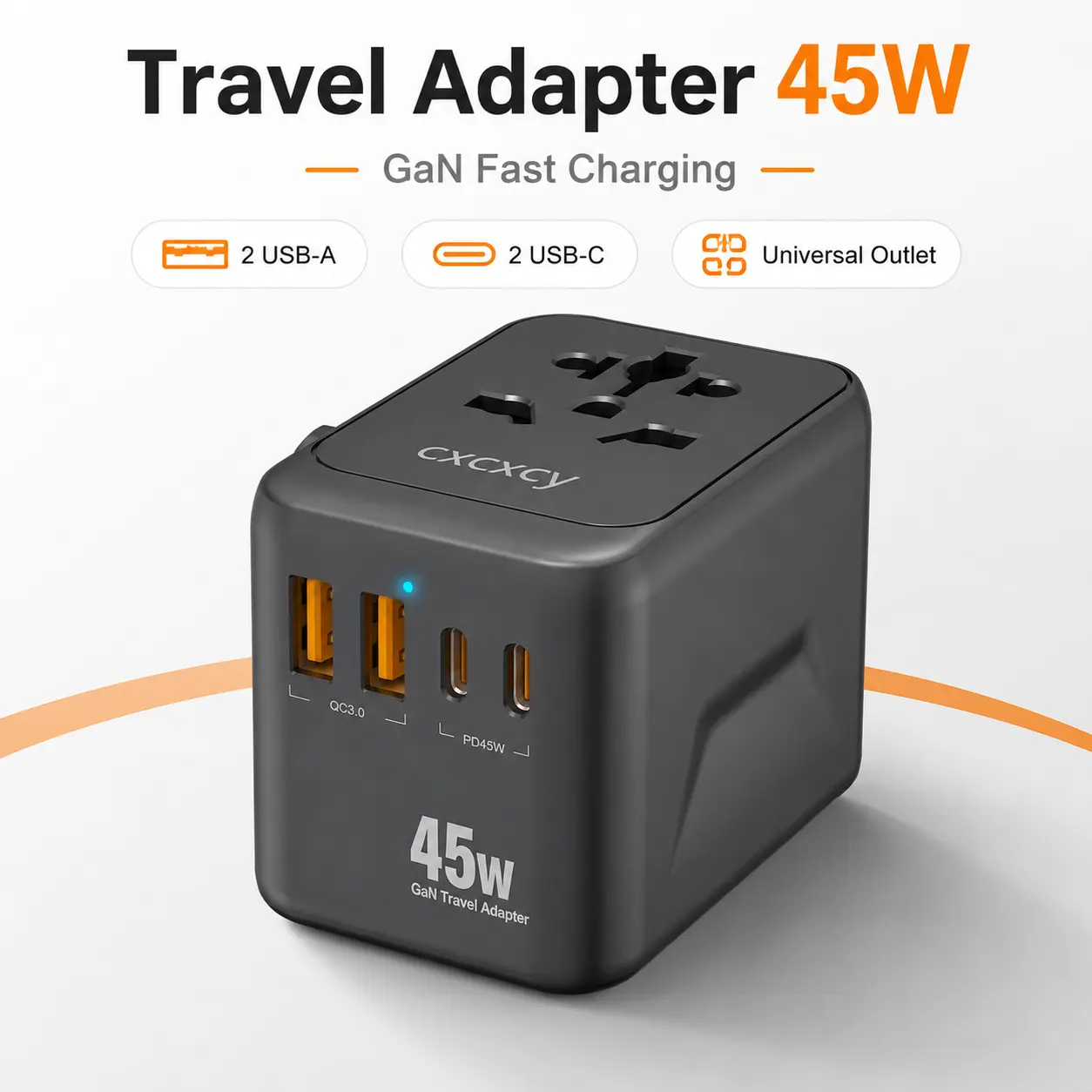 CXCXCY 45W GaN Fast Charging Multi-Port Universal Travel Adapter - 5-Port International Power Plug with 2 USB-C PD 3.0, 2 USB-A QC 3.0, 1 AC Outlet, 100-240V, 5.49 oz, 1.93×2.09×2.76 in, Compact Portable for Travel, Outdoor Camping - Fast Charge Type A
