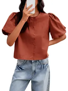 Tankaneo Womens Cropped Tops Puff Sleeve Button Down Shirts Trendy Casual Loose Fit Cute Blouse