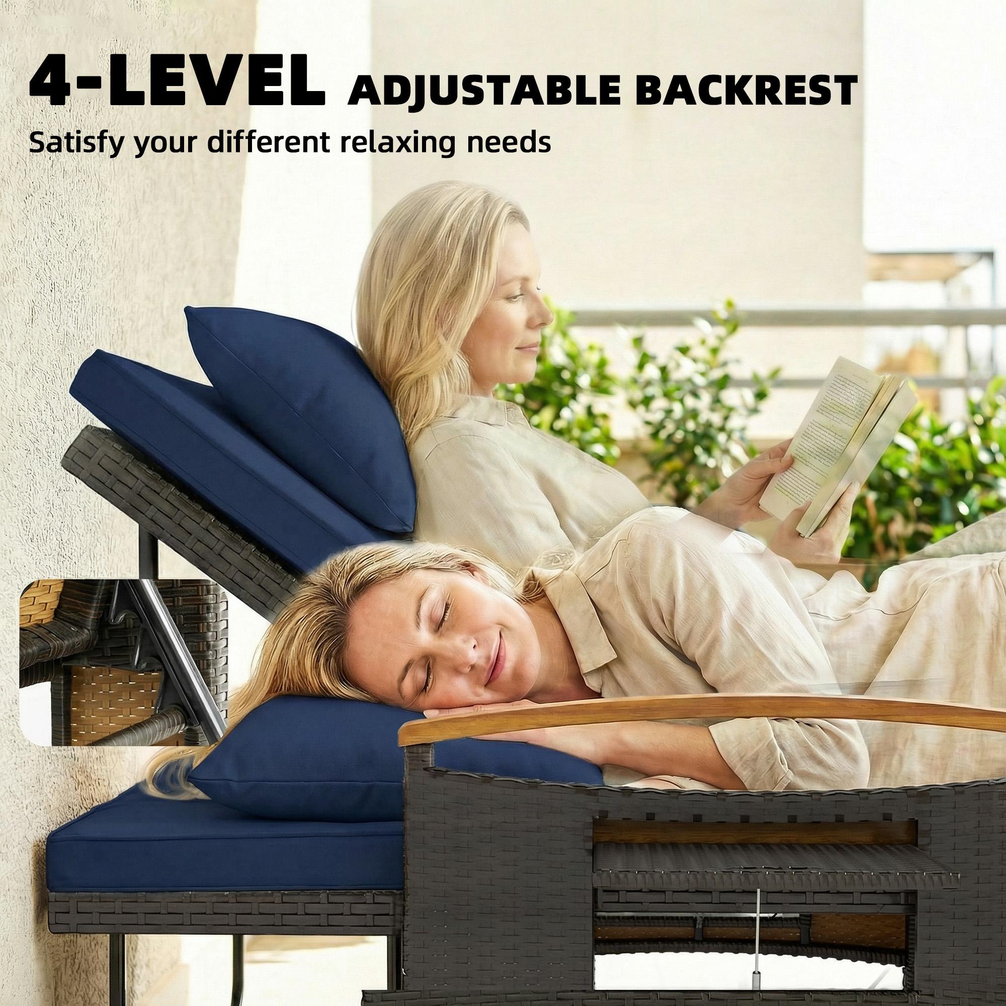 Rattan Outdoor Daybed w/4-Level Adjustable Backrest, Patio Sofa Bed w/Storage Ottoman, Acacia Wood Armrest, Navy Blue