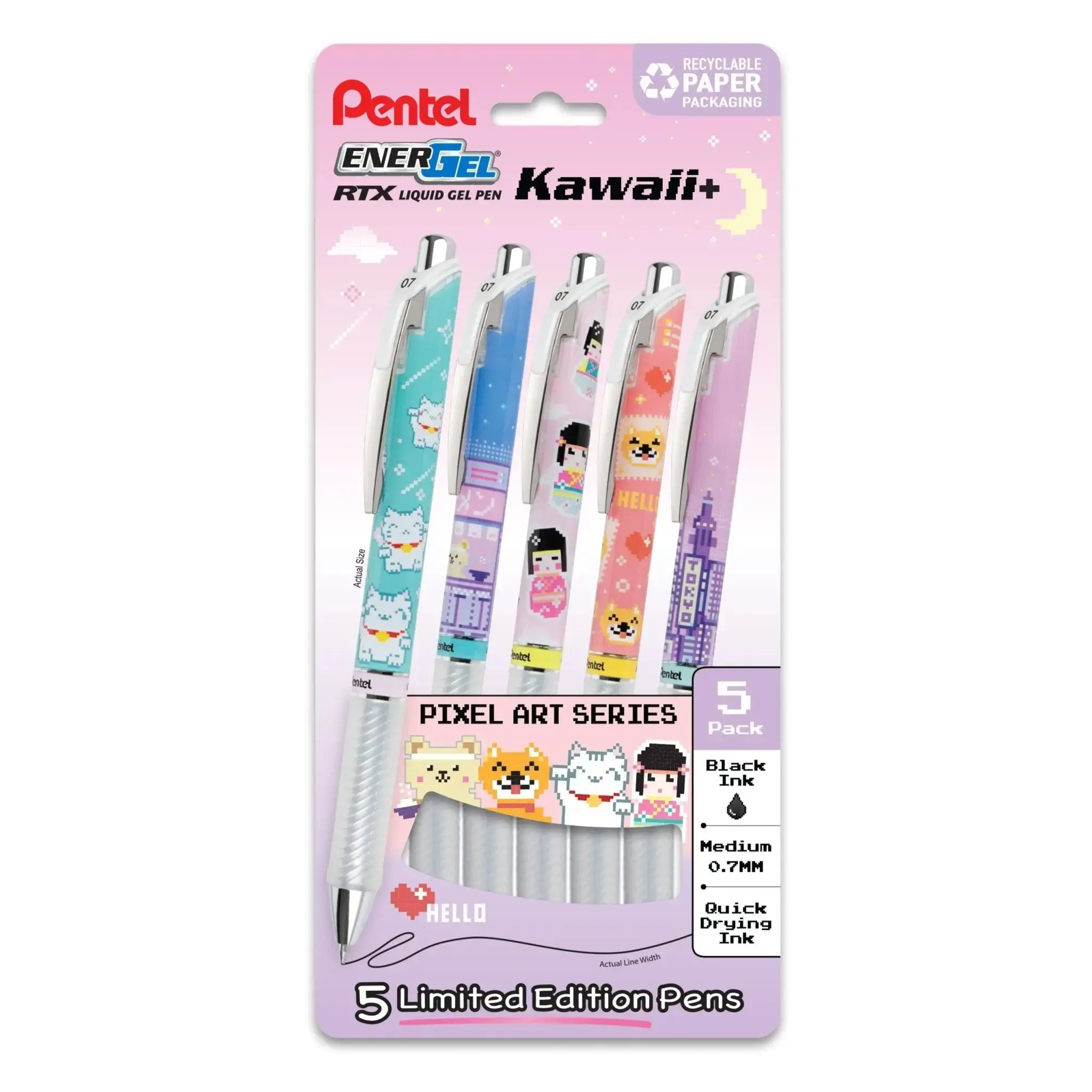 Pentel EnerGel RTX Liquid Gel Pen - Limited Edition Tokyo Kawaii 5-Pack, 0.7mm Bold Black Fast-Drying Ink, Recycled Plastic Eco-Friendly Design, Enhanced Control Office Writing Tool for Bold Writing