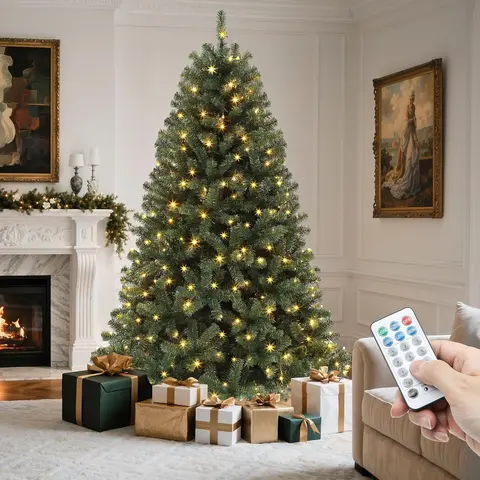 YITAHOME 6-7.5ft Traditional Pre-Lit Hinged Artificial Spruce Holiday Decoration Tree, Remote-Controlled Colorful Lights, Festive Ornaments, Party Atmosphere Props for Home Christmas Aesthetic Xmas Parties