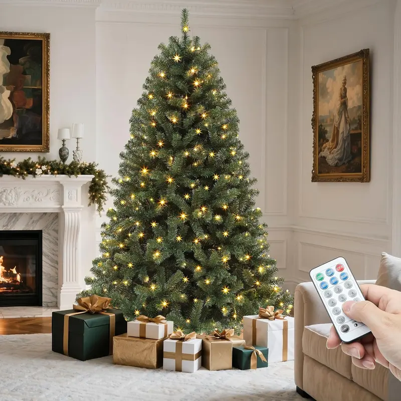 YITAHOME 6-7.5ft Traditional Pre-Lit Hinged Artificial Spruce Holiday Decoration Tree, Remote-Controlled Colorful Lights, Festive Ornaments, Party Atmosphere Props for Home Christmas Aesthetic Xmas Parties