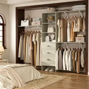 96 Inchs Closet System, 8FT Walk-In Closet Organizer with 3 Drawers, Heavy Duty Wardrobe Organizer with 3 Shelving Towers, Clothes Garment Rack, 96"L x 16"W x 75"H, Load 1000 LBS, mothersdaygift
