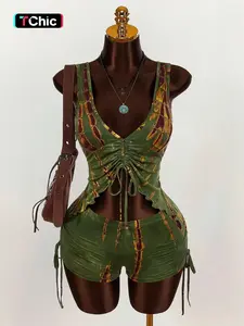 Women's Fashion Style Tie-Dye Two-Piece Set, Ruched Halter Top + Side Tie Shorts, Stylish Summer, Comfortable and Trendy, Summer Knit Set
