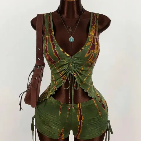 Women's Fashion Style Tie-Dye Two-Piece Set, Ruched Halter Top + Side Tie Shorts, Stylish Summer, Comfortable and Trendy, Summer Knit Set, Tops Shorts Set