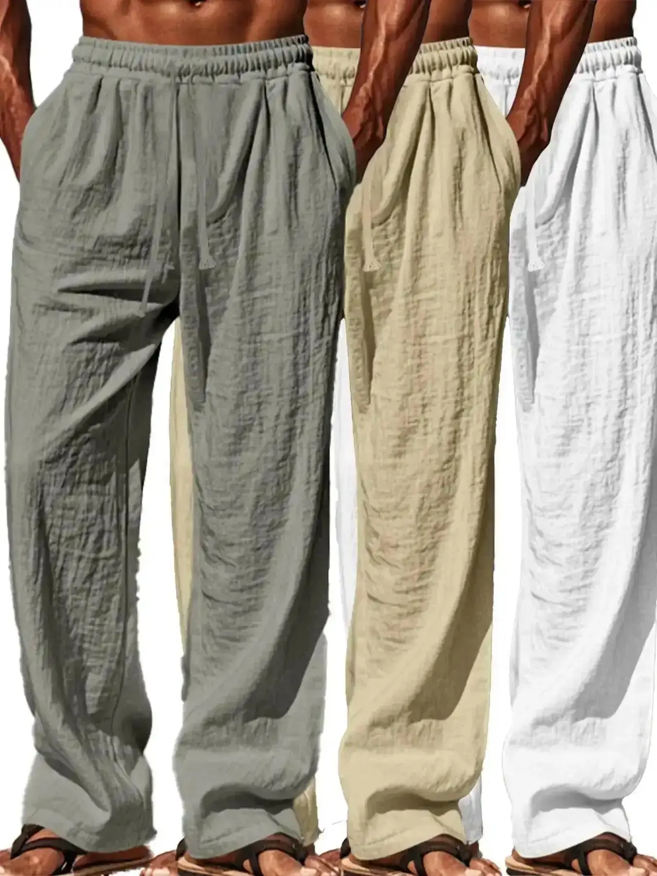 3pcs Summer Lightweight Linen Casual Pants, Loose Casual Fit Straight Leg Wide Leg Pants, Solid Color Breathable Tie Waist Long Pants, Stretchy, Modern, Classic, Comfortable, Relaxed