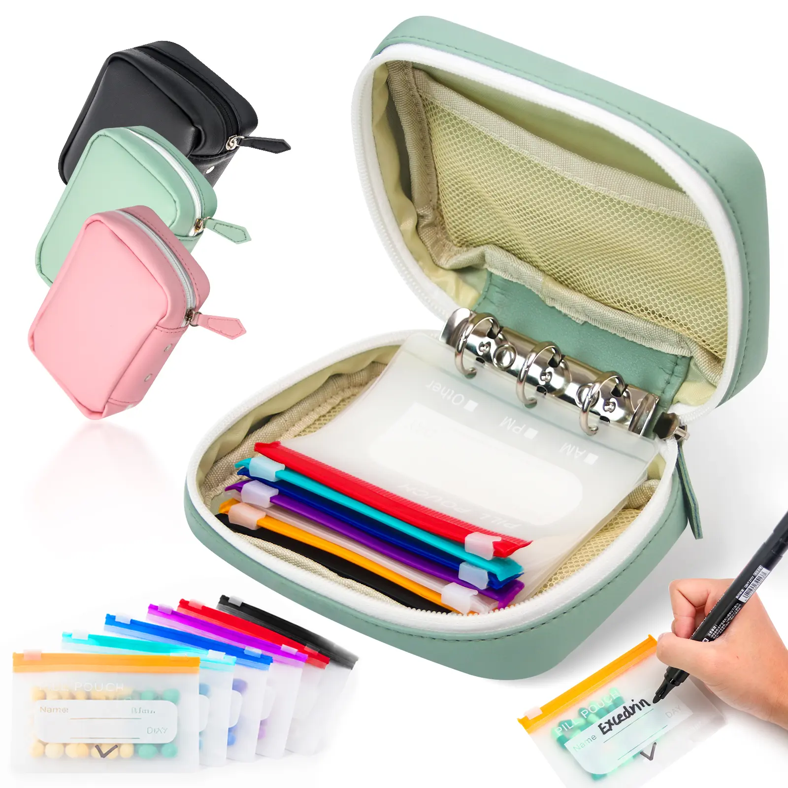 A8 Waterproof Pill Pouch Set, Large Weekly Pill Organizer with 14 Color-Coded Medicine Pouches, Reusable Travel Medicine Organizer, Zippered Pill Storage for Fish Oils