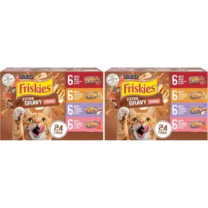 Friskies Purina Extra Gravy Wet Cat Food Chunky Variety Pack (with Chicken,Turkey,Salmon,Beef) - 5.5 oz. Cans,(Pack of 48)