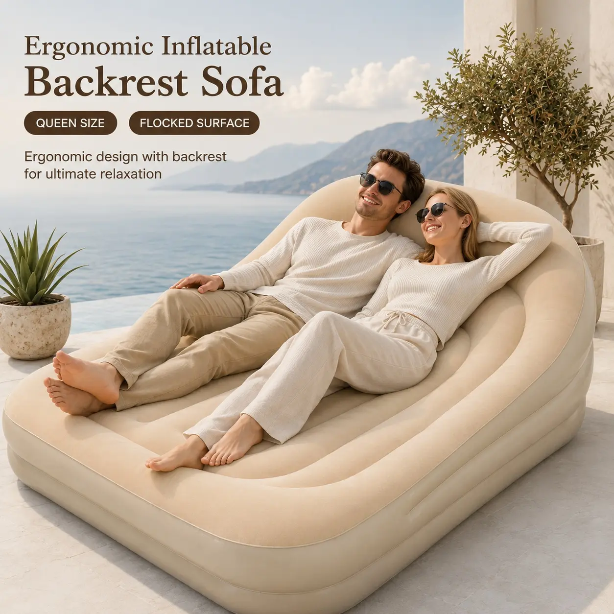 Inflatable Sofa Bed with Pump, Flocked Air Couch with Ergonomic Backrest, Portable Blow Up Lounger for Indoor Living Room, Outdoor Camping, Guest Bed, Beige