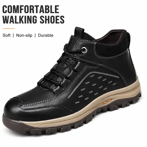 Men's Trail Hiking Shoes - Knit Ankle Collar Lace-Up Casual Sneakers, Lightweight Rubber-Synthetics Construction, for Trekking Camping Travel Urban Outdoor Activities (Black, Brown)