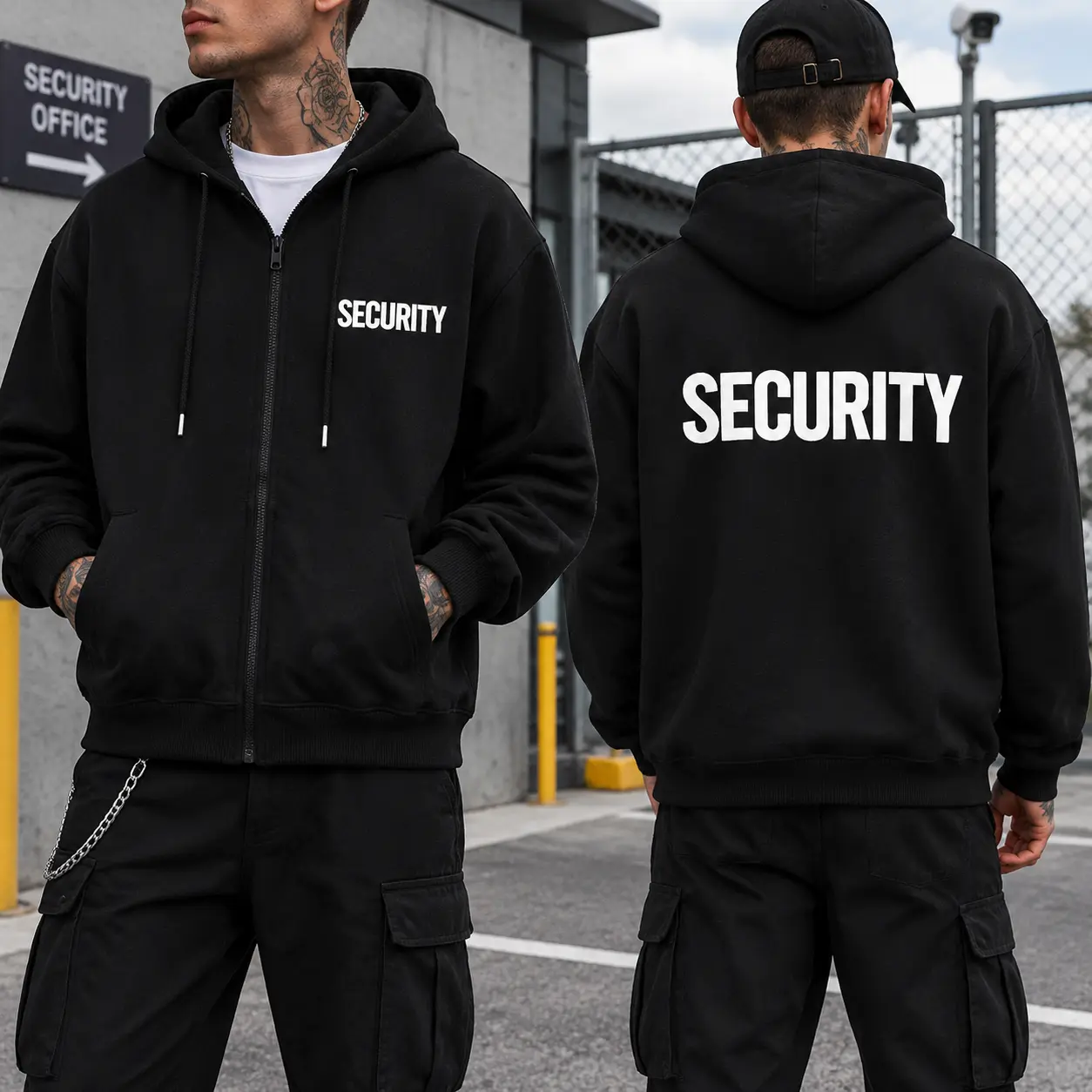Mens Full Zip Polyester Hoodie Bold Letter Security Graphic Front And Back Print Hooded Jacket Casual Street And Workwear Outfits