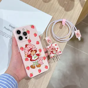 6 Piece Set Strawberry Phone Case, Charger Head Cover, Cable Protector, Storage Rope, Data Line Protection, Fits iPhone 6-16 Pro Max, Accessories