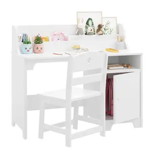 Kids Desk and Chair Set,Study Desk for Kids with Hutch, Storage Cabinet, Wooden Children Study Table, Student Writing Desk Computer Workstation for Kids Bedroom & Study Room,White