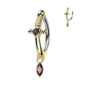 Gold Sword with Black Gem Steel Belly Button Ring Dangle Bar Naval Navel 14g 1/2" Low Profile Hinged Clicker