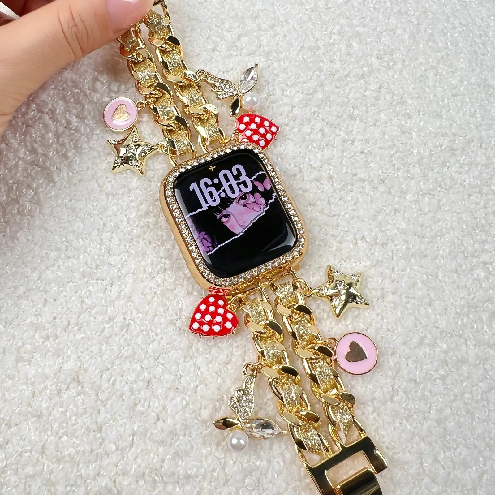 1PC Adjustable, double chain thin leather rope with red polka dot heart Smart Watch Strap, Wristband, Wearable Accessories, compatible with Apple Watch 38-45mm, suitable for Apple Watch series Ultra/SE/10/9/8/7/6/5/4 (only strap, no watch/case)