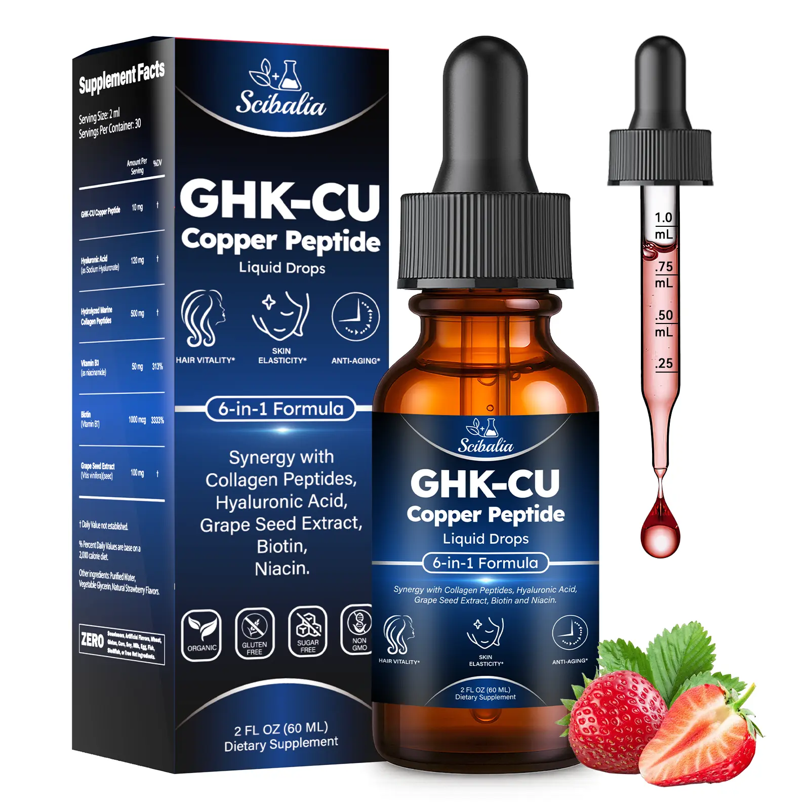 ghk-cu drops GHK-CU Peptides Supplement Oral Drop, Pro 6-in-1 GHK CU Copper Peptides  with Hydrolyzed Marine Collagen Hyaluronic Acid Biotin Grape Seed Extract  for Hair Growth Skin Elasticity & Anti-Aging Women Men