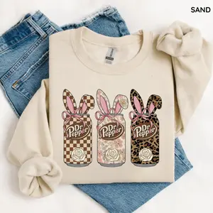 Dr Pepper Bunny Ears Sweatshirt/Hoodie/T-Shirt, Floral Leopard Checkered Dr Pepper Cans Shirt, Cute Easter Soda Lover Graphic Tee, For Men and For Women