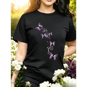 Purple Butterflies with Rhinestone Swirls T-Shirt, Women's  Elegant Graphic Tee, Glam Casual Top