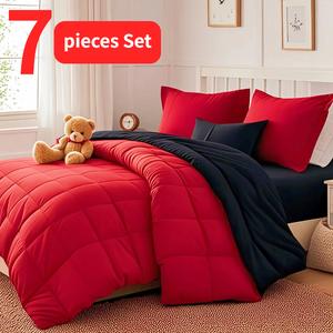 Cosybay 7pcs Luxurious Comforter, Soft Microfiber, Lightweight, Breathable, Easy Care,Bed In A Bag Convenience for All Seasons,Red Christmas Comforter, Flat Sheet, Fitted Sheet, Pillowcases, King Size Bed Comforter, Home Essentials Queen Size Comforter