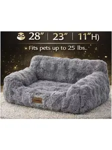 Fluffy Plush Pet Sofa Bed for Dogs & Cats, Calming Couch Bed with Removable Cover, Non-Slip Bottom, Soft Anti-Anxiety Pet Bed Gray