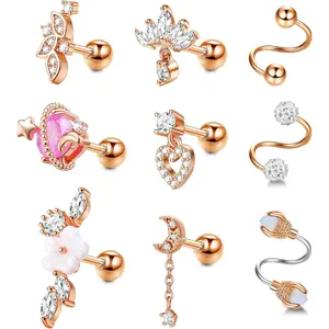 9Pcs 16G Stainless Steel Cartilage Earring Set Saturn, Moon & Flower Piercing Jewelry | Helix, Tragus, Conch & Daith Studs | Hypoallergenic Ear Curation Kit