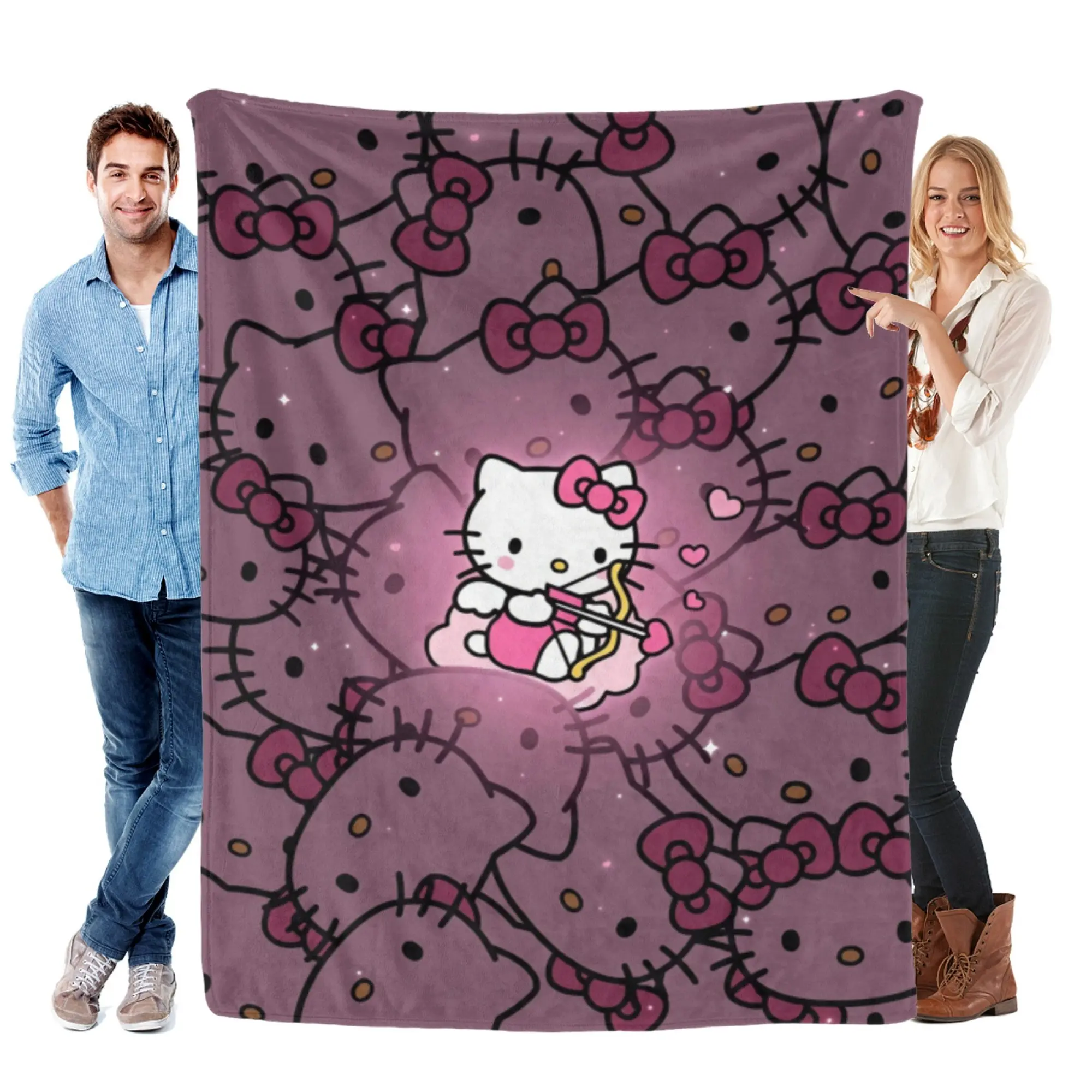 [SummerVibes] SANRIO CLASSIC Hello Kitty Cupid Flannel Blanket - Soft, Warm, Lightweight with Vibrant 2D Print, Throw for Sofa, Bed & Office Nap