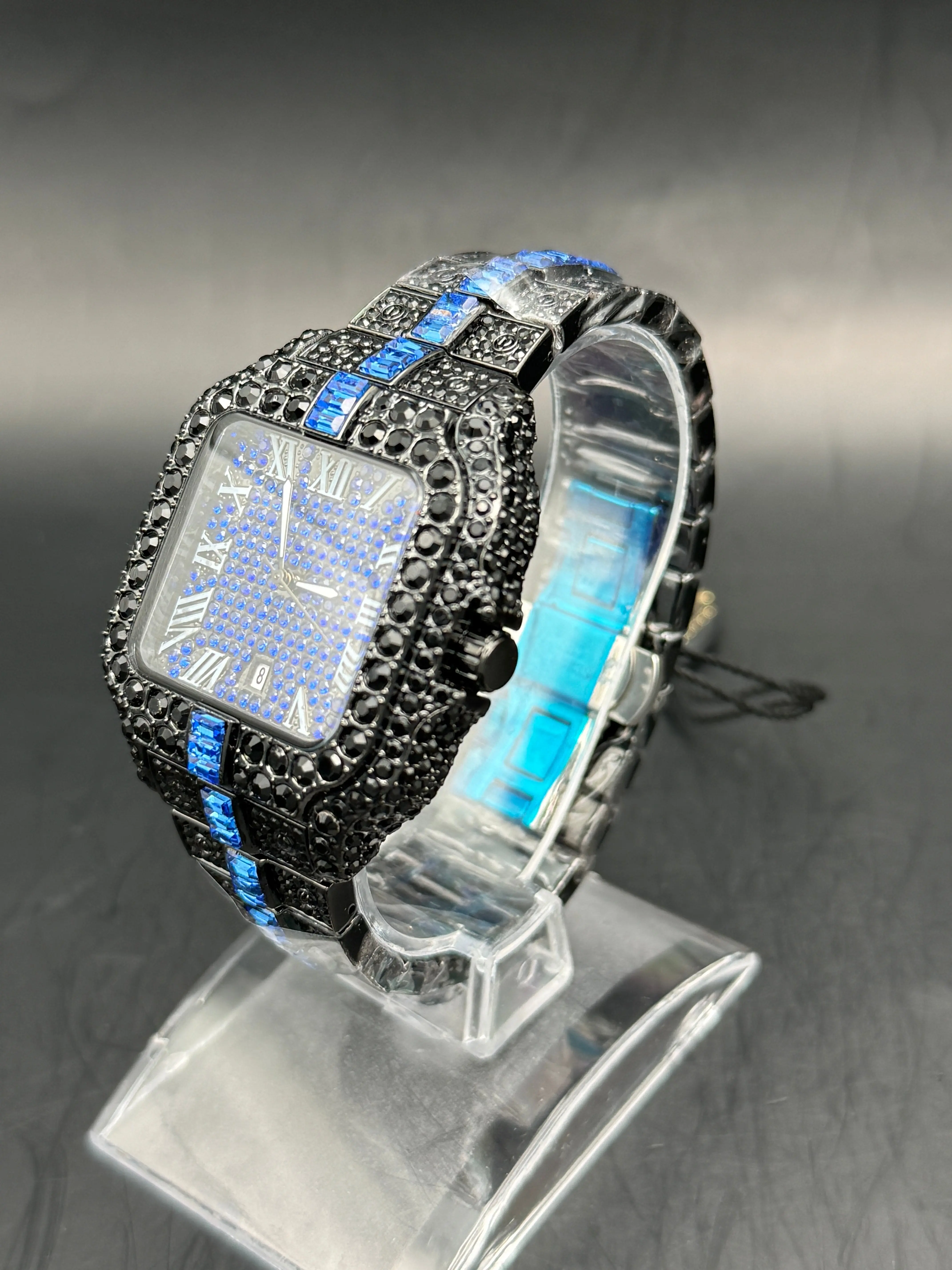 AJ Accessories Iced-Out Tank Style Quartz Watch – Black & Sapphire Blue CZ